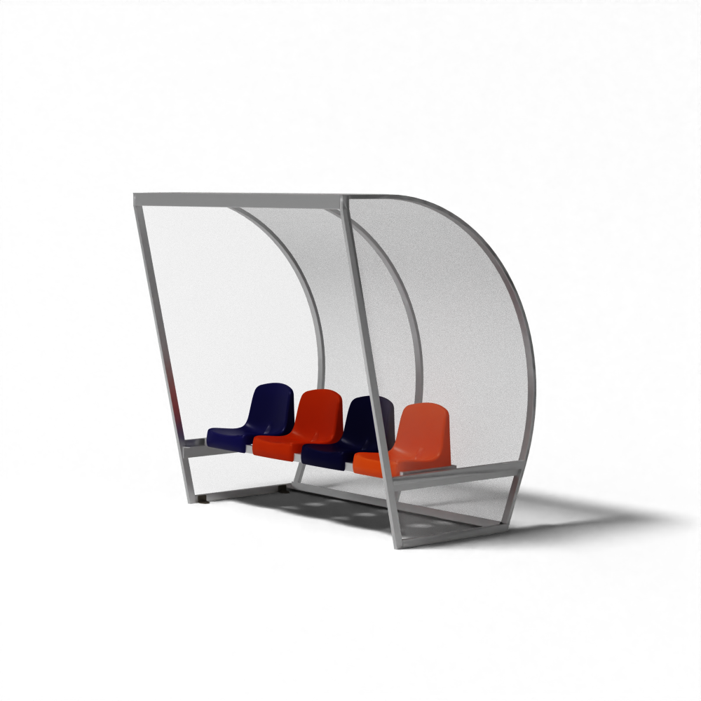 Aluminium dugout kopen bij SKOR met rode kuipstoelen en UV-bestendige polycarbonaat beplating