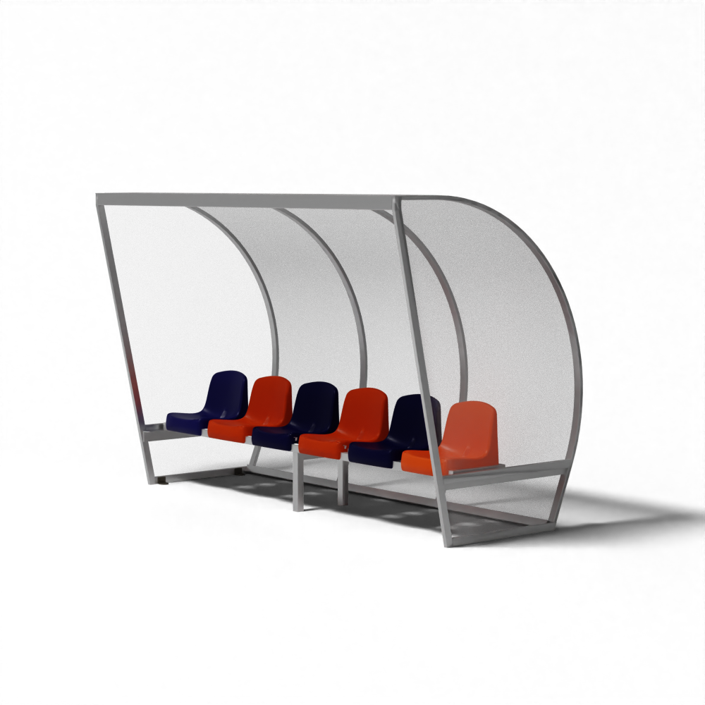 Aluminium dugout kopen bij SKOR met rode kuipstoelen, slagvast polycarbonaat en aluminium frame