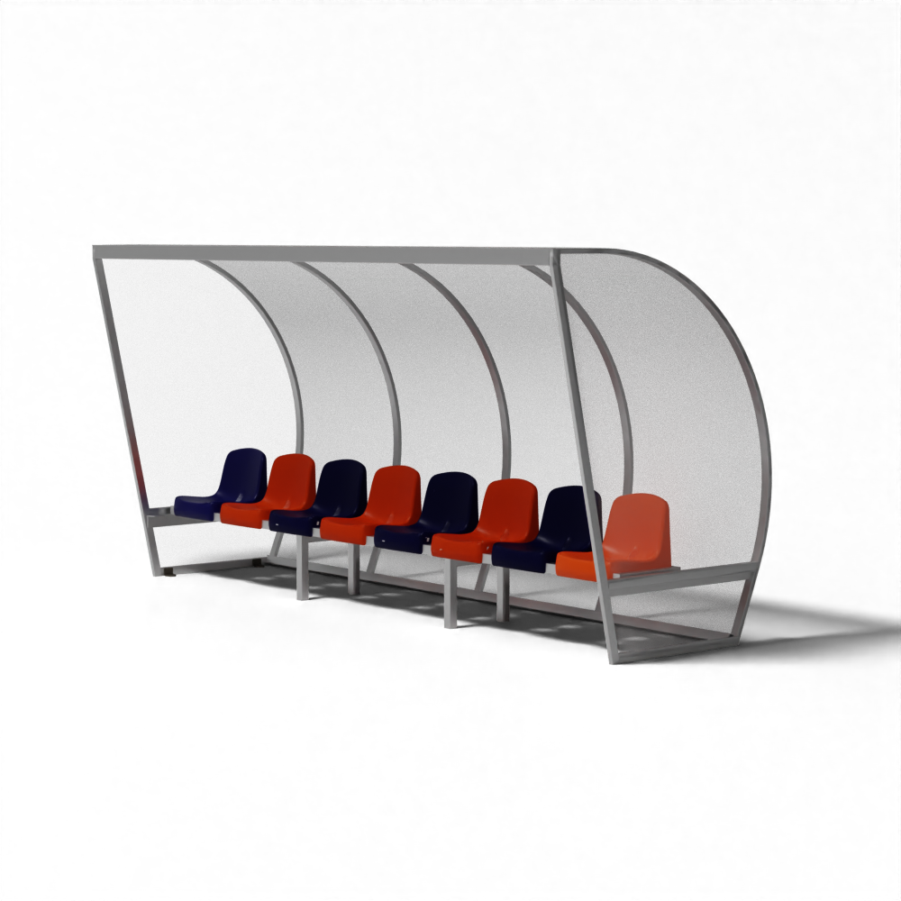 Aluminium dugout kopen bij SKOR met kuipstoelen, aluminium frame en transparant dak

