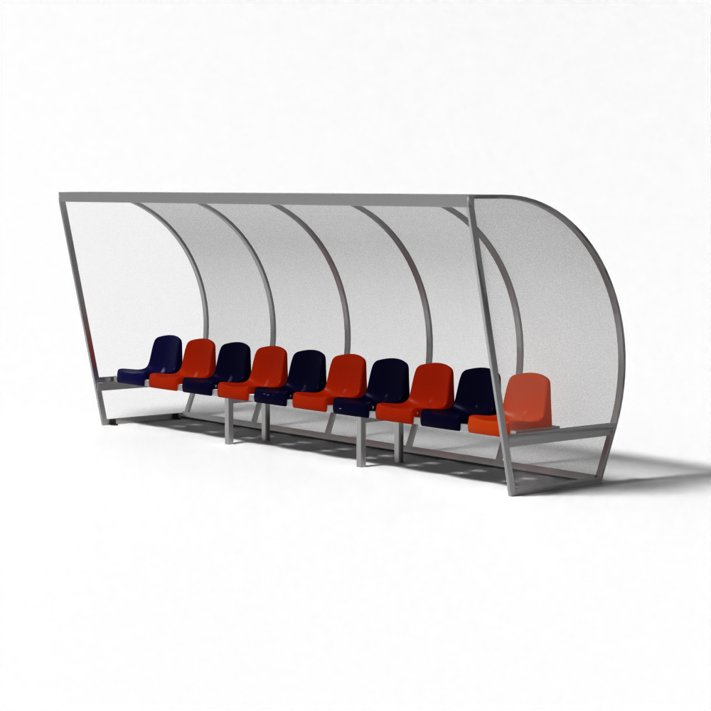 Aluminium dugout kopen bij SKOR met kuipstoelen en UV-bestendige polycarbonaat beplating