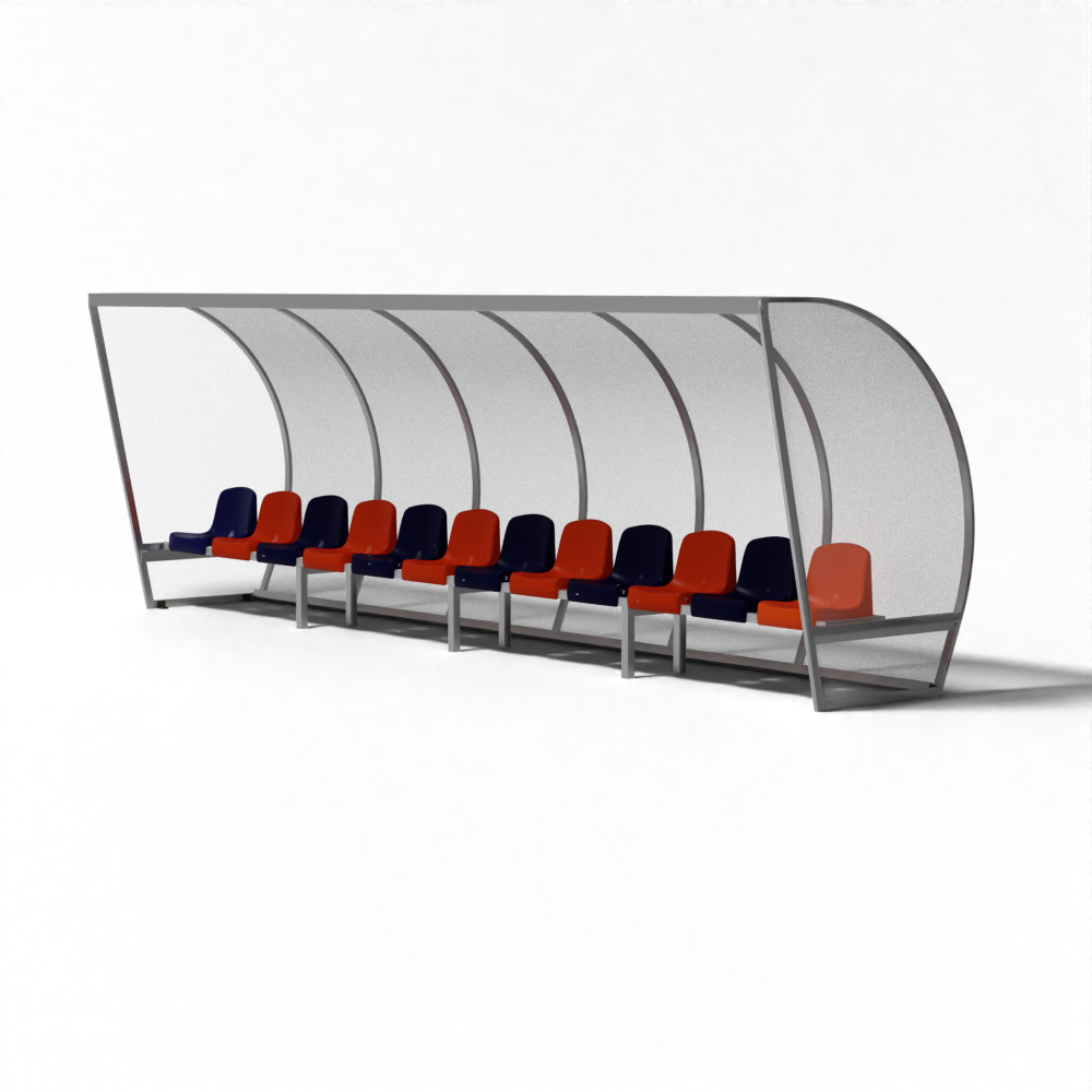 Aluminium dugout kopen bij SKOR met diverse kuipstoelen en UV-bestendige polycarbonaat beplating