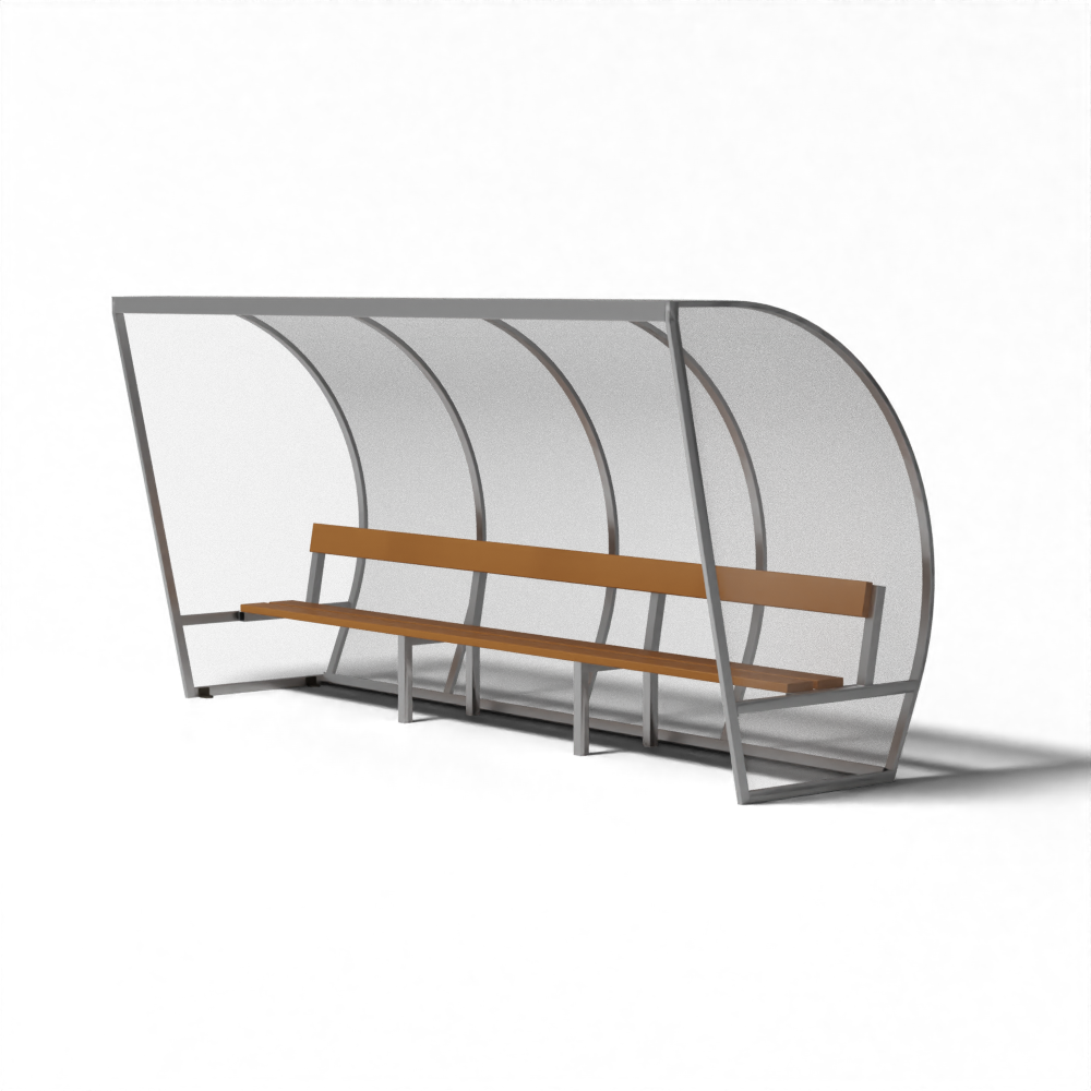 Aluminium dugout van SKOR met houten bank, robuust gelast frame en glasheldere beplating