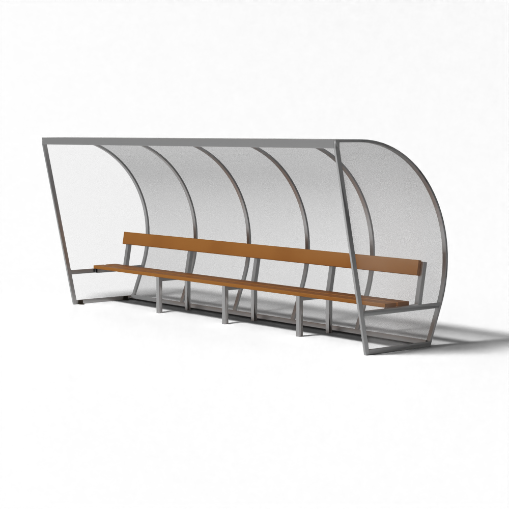 Aluminium dugout kopen bij SKOR met houten zitbank, geschikt voor sportvelden en trainingslocaties
