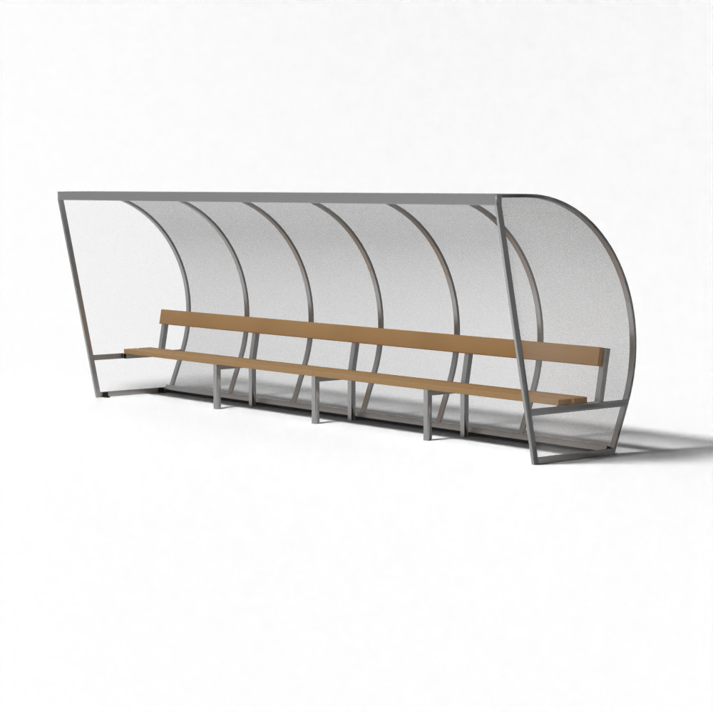 Aluminium dugout van SKOR met vuren bank, UV-bestendige beplating en extra stabiliteitsbalken