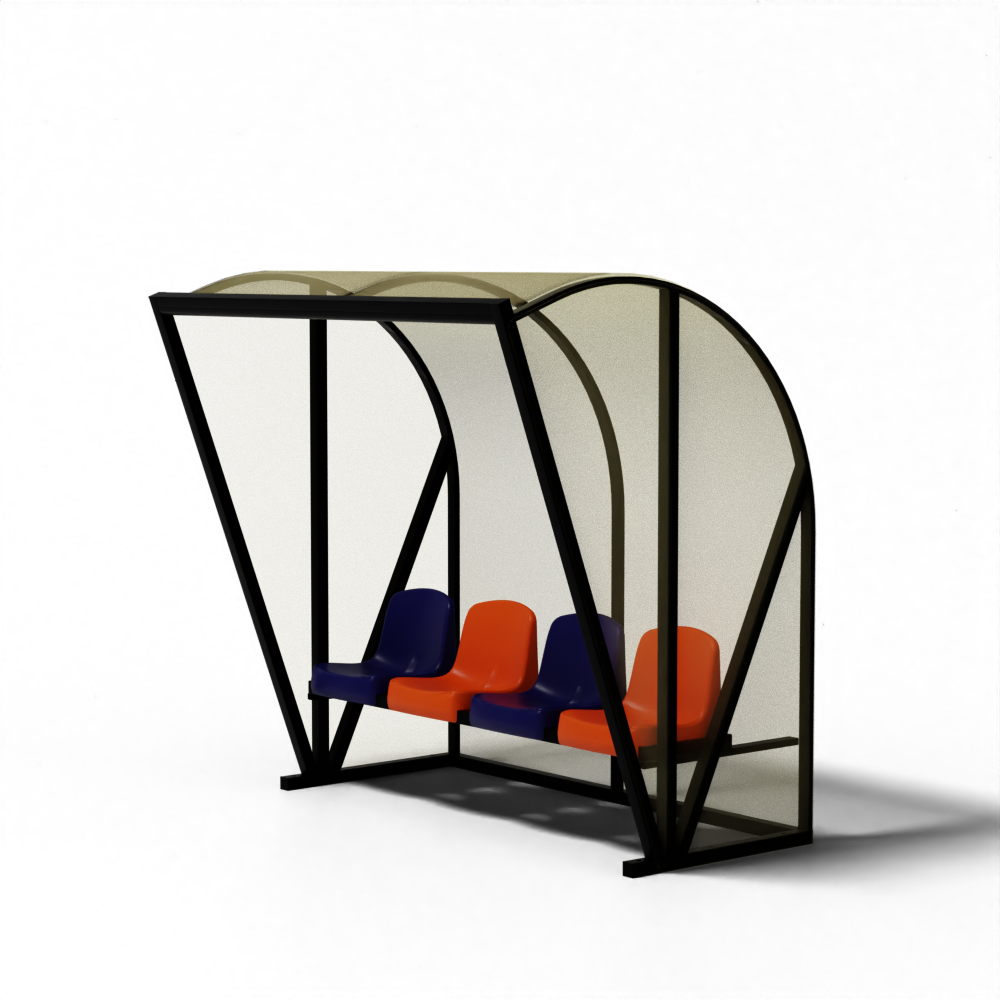 Voetbal dugout TYPE 1 DE LUXE van SKOR met aluminium frame en luxe kuipstoelen, volledig voorgemonteerd geleverd.