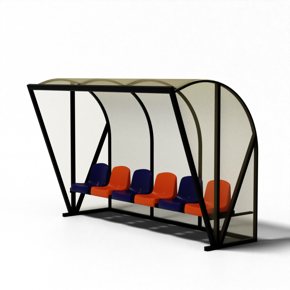 SKOR voetbal dugout TYPE 1 DE LUXE met zwart aluminium frame, 6 kuipstoelen en bronskleurige polycarbonaat beplating.
