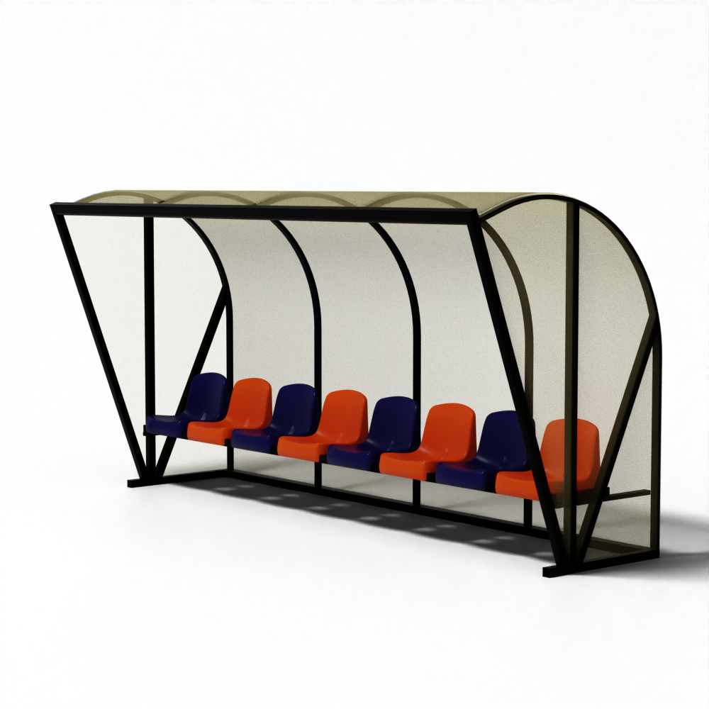 Aluminium SKOR voetbal dugout TYPE 1 DE LUXE met luxe zitplaatsen, UV-bestendige beplating en stevige constructie.