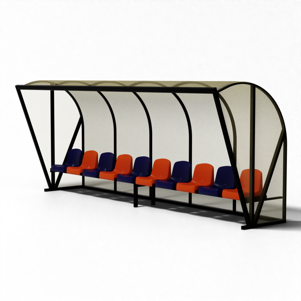 Robuuste voetbal dugout TYPE 1 DE LUXE van SKOR met kuipstoelen, geschikt voor wedstrijden en trainingen.
