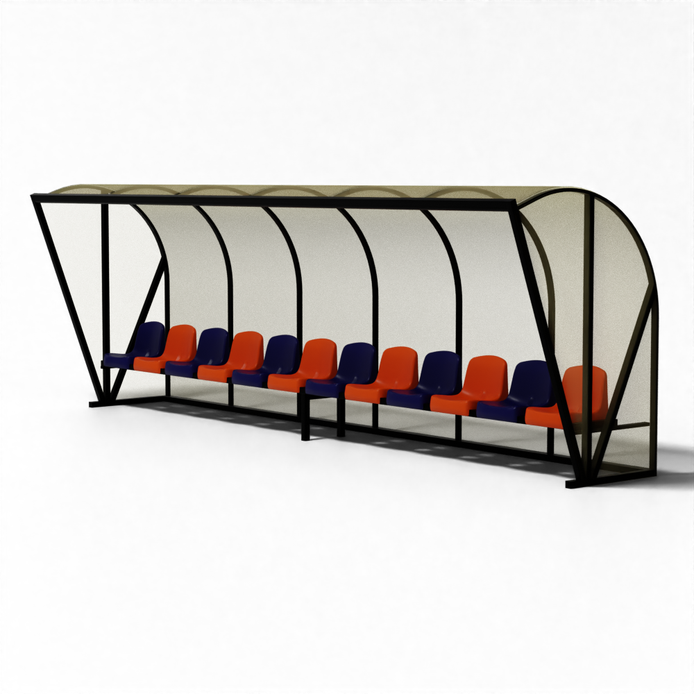 SKOR aluminium voetbal dugout TYPE 1 DE LUXE, luxe uitvoering met bronsgloed polycarbonaat platen en ergonomische stoelen.