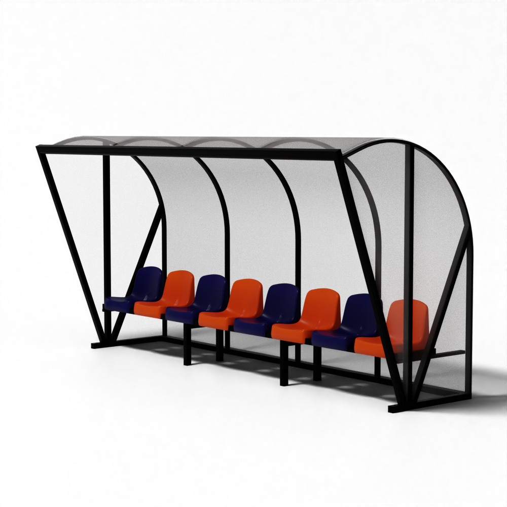 SKOR voetbal dugout TYPE 1 EXCLUSIEF in zwart aluminium met houten bank; weerbestendig en onderhoudsarm