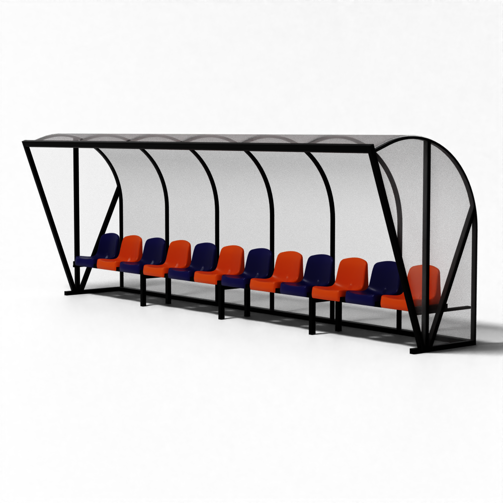 SKOR aluminium voetbal dugout TYPE 1 EXCLUSIEF met luxe zitplekken en UV-bestendige polycarbonaat beplating