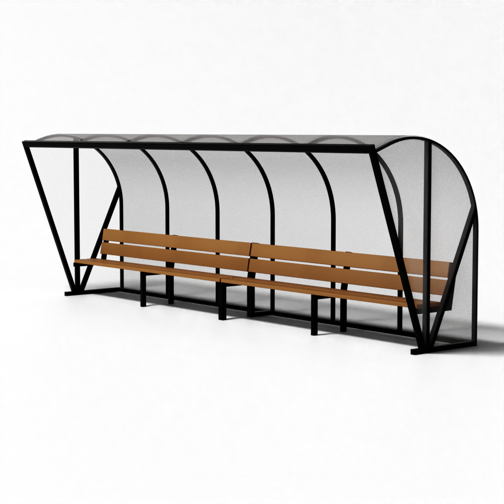 SKOR voetbal dugout TYPE 1 EXCLUSIEF met zwarte aluminium constructie en houten bank; hoogwaardige afwerking